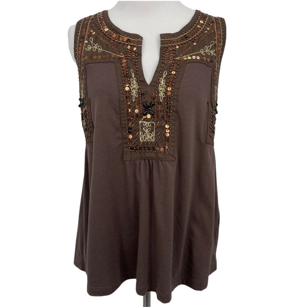 Boston Proper Brown Size Small Sleeveless Embroidered Sequin Blouse Womens Top - Picture 1 of 8